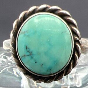 Vintage Sterling Silver Ring Turquoise Rope Edge Size 8 Southwest Boho Western